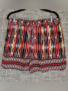 Ella Moss Multi-Color Ikat Stripe Drawstring Shorts — Red, Black, Orange, Cream